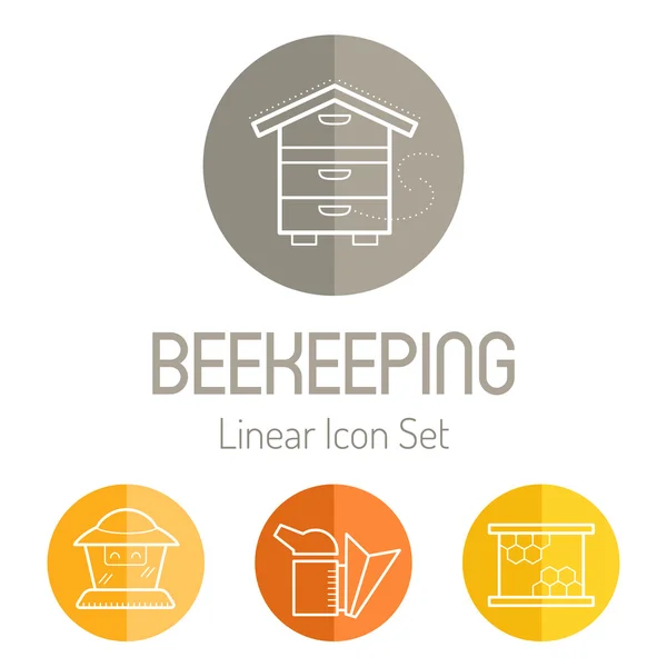 Lineaire icon set met imker, bijen roker en honingraat — Stockvector