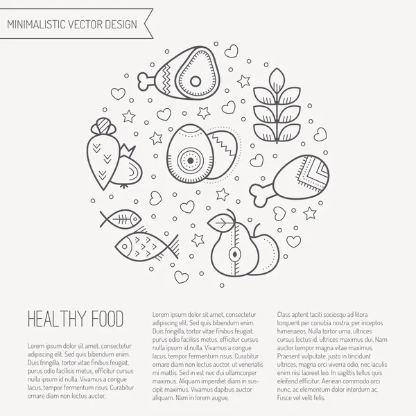 Ilustración vectorial con iconos de alimentos saludables delineados formando un círculo — Vector de stock