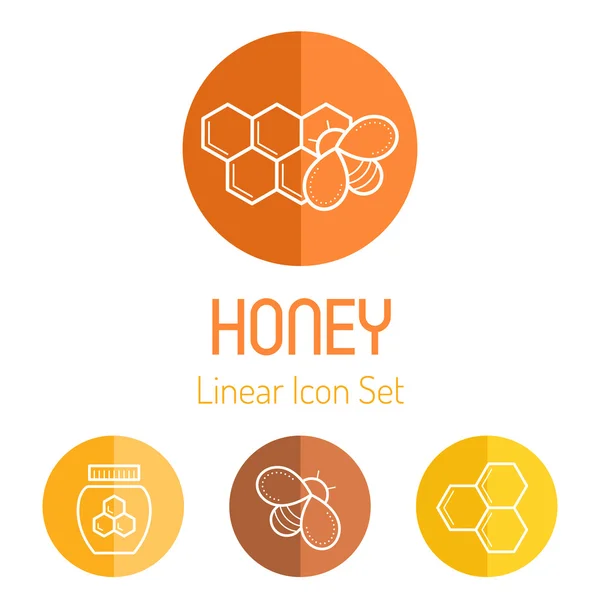 Conjunto de iconos lineales con abeja melífera, células de miel y tarro de piedra — Vector de stock