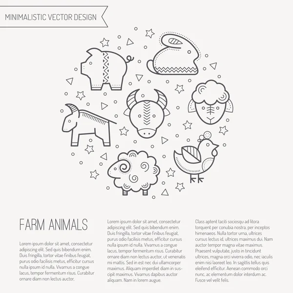 Ilustración vectorial con iconos de animales de granja delineados formando un círculo — Vector de stock