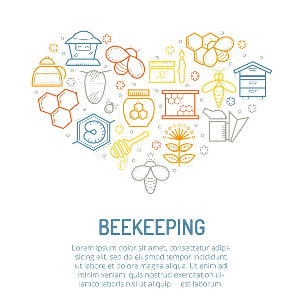 Ilustracja wektorowa z liniowym kolorowym miodem i ikonami pszczelarstwa — Wektor stockowy
