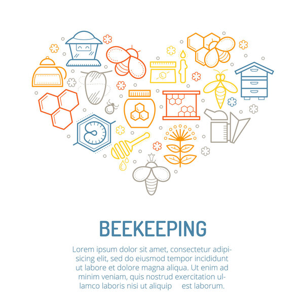Векторная иллюстрация с линейными красочными медовыми и пчеловодческими иконами
