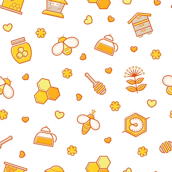 Seamless honey pattern with stroked beekeeping signs - honey bees, bee cells, honey ladle, honey plants, mother bees — Stock Vector