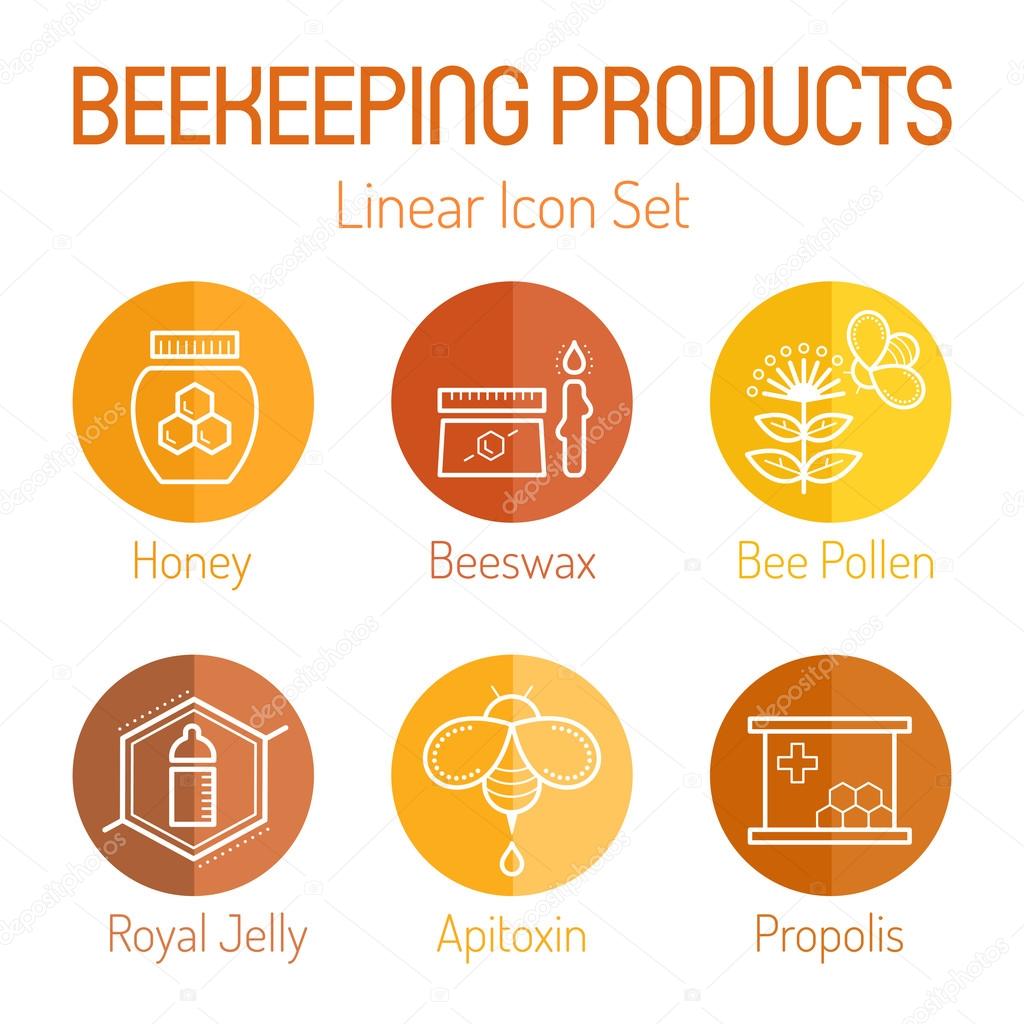 Linear icon set with beekeeping products (honey, beeswax, Bbe pollen, royal jelly, apitoxin, propolis). Thin line style. Bright and warm color palette with tints of yellow and brown
