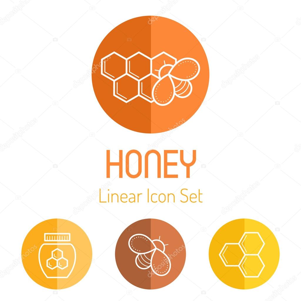 Beekeeping icon set with honey bee, honey cells and jar of honey. Outlined round badges on a white background. Bright and warm color palette with tints of yellow and brown