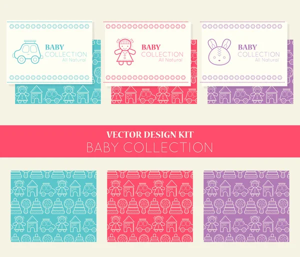 Kit de diseño vectorial con plantillas de tarjetas de visita y patrones sin costura, colección de bebés — Vector de stock