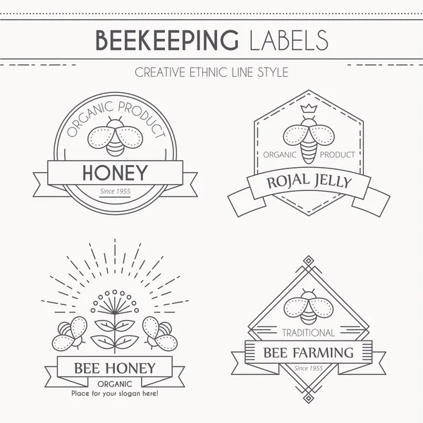 Etiquetas de apicultura vectorial en estilo de línea delgada — Vector de stock