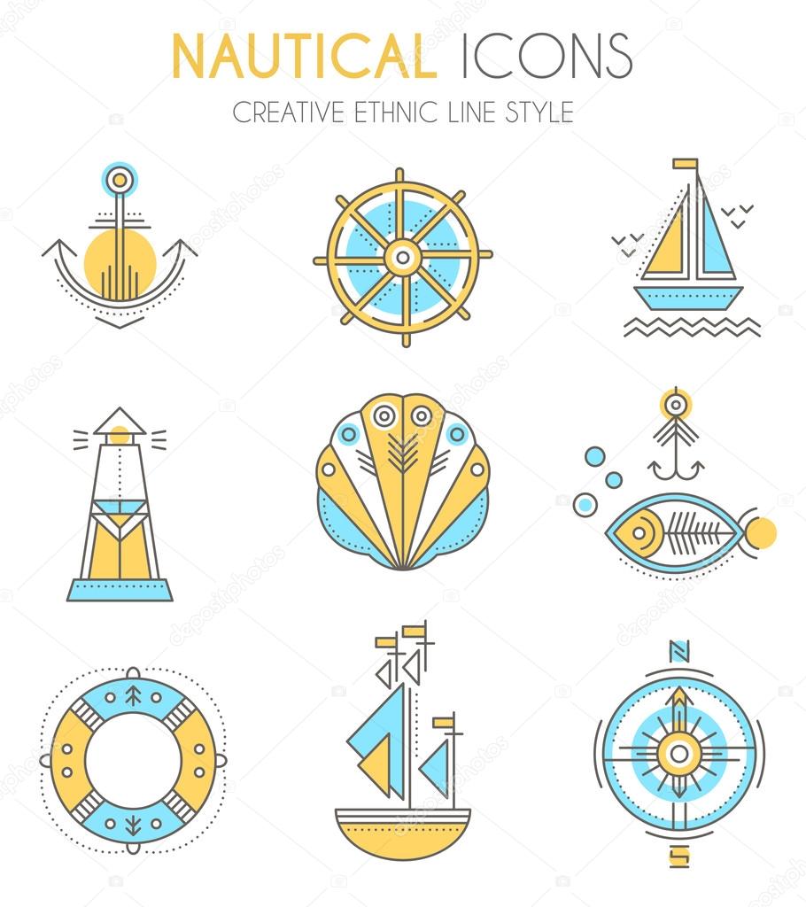 Nautical icon set. Collection of creative line style design elements. Minimalistic flat design with thin strokes