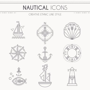 Deniz Icon set, ince darbeleri ile minimalist düz tasarımı