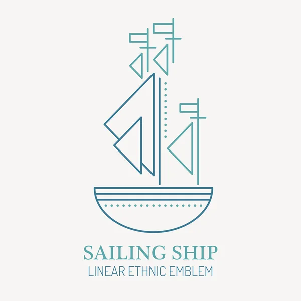 Lijn stijl nautische embleem - zeilen schip illustratie. — Stockvector