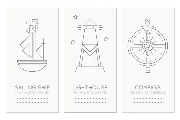 Nautische kaart ontwerpsjabloon met dunne lijn stijl illustraties van zeilen schip, vuurtoren en kompas roos — Stockvector