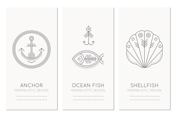 Modèle de conception de carte nautique avec des illustrations de style ligne mince de poissons, crochet de pêche, ancre, coquillages — Image vectorielle