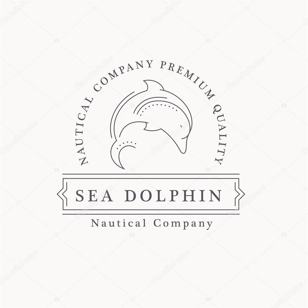 Premium class emblem with sea dolphin. Thin line style jumping dolphin logo. Minimalistic vintage outlined logo