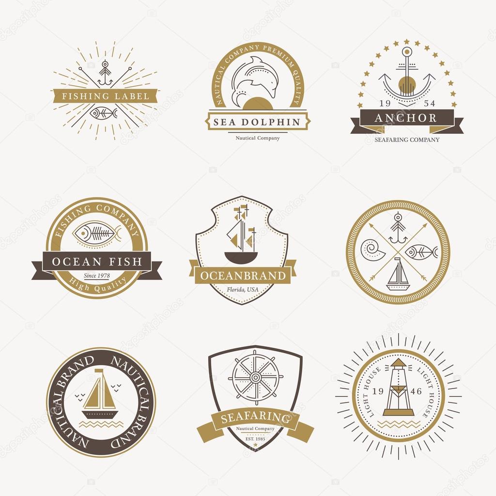 Set of nautical seafaring badges, labels or logos. Creative thin line design. Elegant gold and dark brown vector company brand with sample text