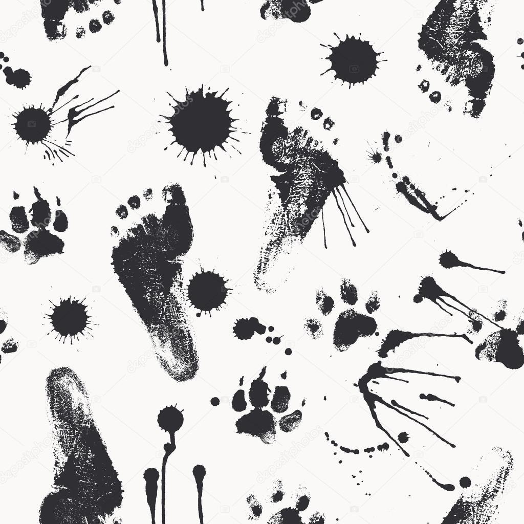 Vector seamless pattern with animal and human footprints