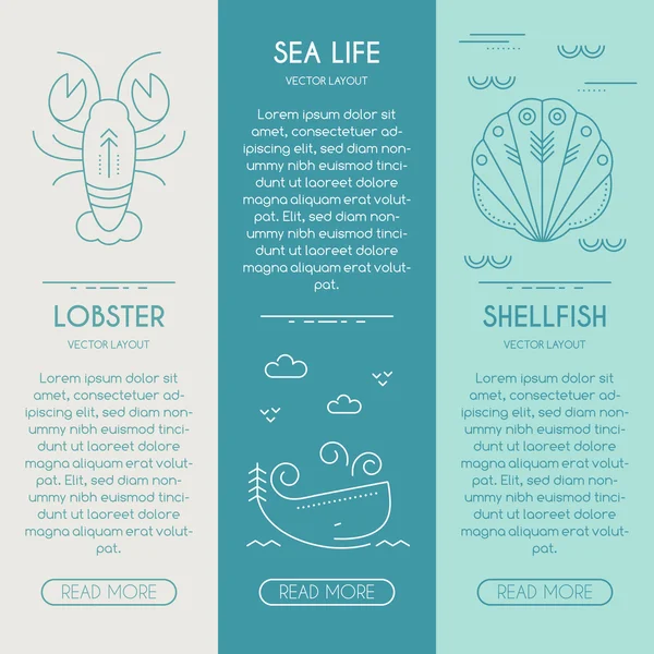 Plantilla de diseño de banner de la compañía Sea Life con ilustraciones de estilo lile delgado — Vector de stock