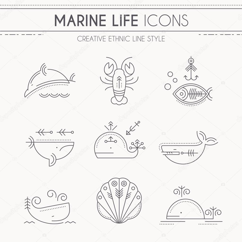 Nautical icon set, minimalistic flat design with thin strokes