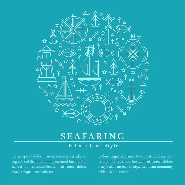 Vektorillustration med konturerad sjöfart och nautiska tecken bildar en cirkel — Stock vektor