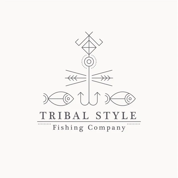 Линейный стиль рыболовной эмблемы - рыба и рыболовный крючок в племенном стиле — стоковый вектор