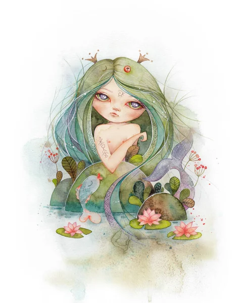 Ilustração aquarela com uma sereia. Conto de fadas fantasia arte para o bebê, sala de crianças. — Fotografia de Stock