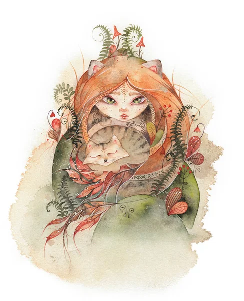 Aquarel illustratie met een bos geest en kat. Sprookje fantasie kunst voor baby, kinderkamer. — Stockfoto