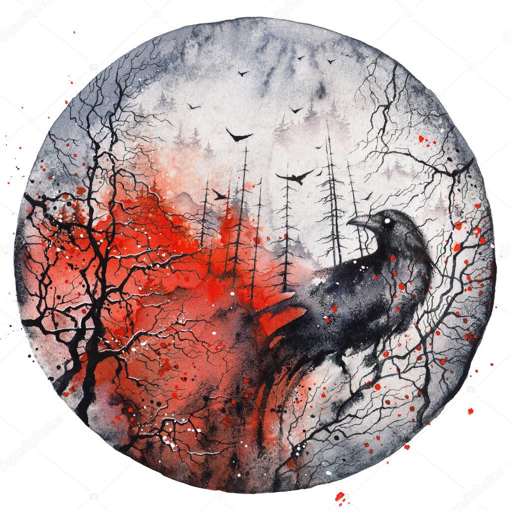 Forest in fire and raven. Scary gothic red and black watercolor illustration. Halloween poster, wall art print