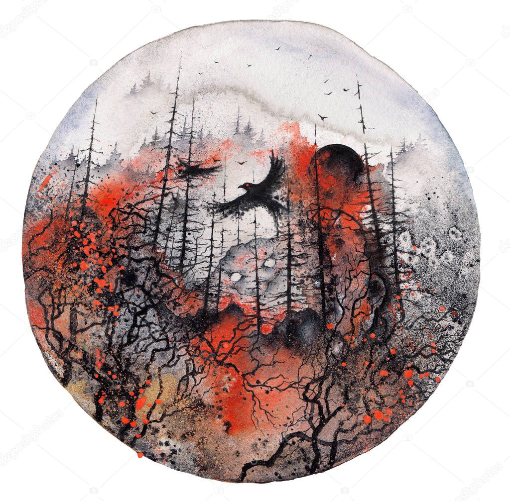 Forest in fire with raven and scary spirit. Horror gothic red and black watercolor illustration. Halloween poster, wall art print
