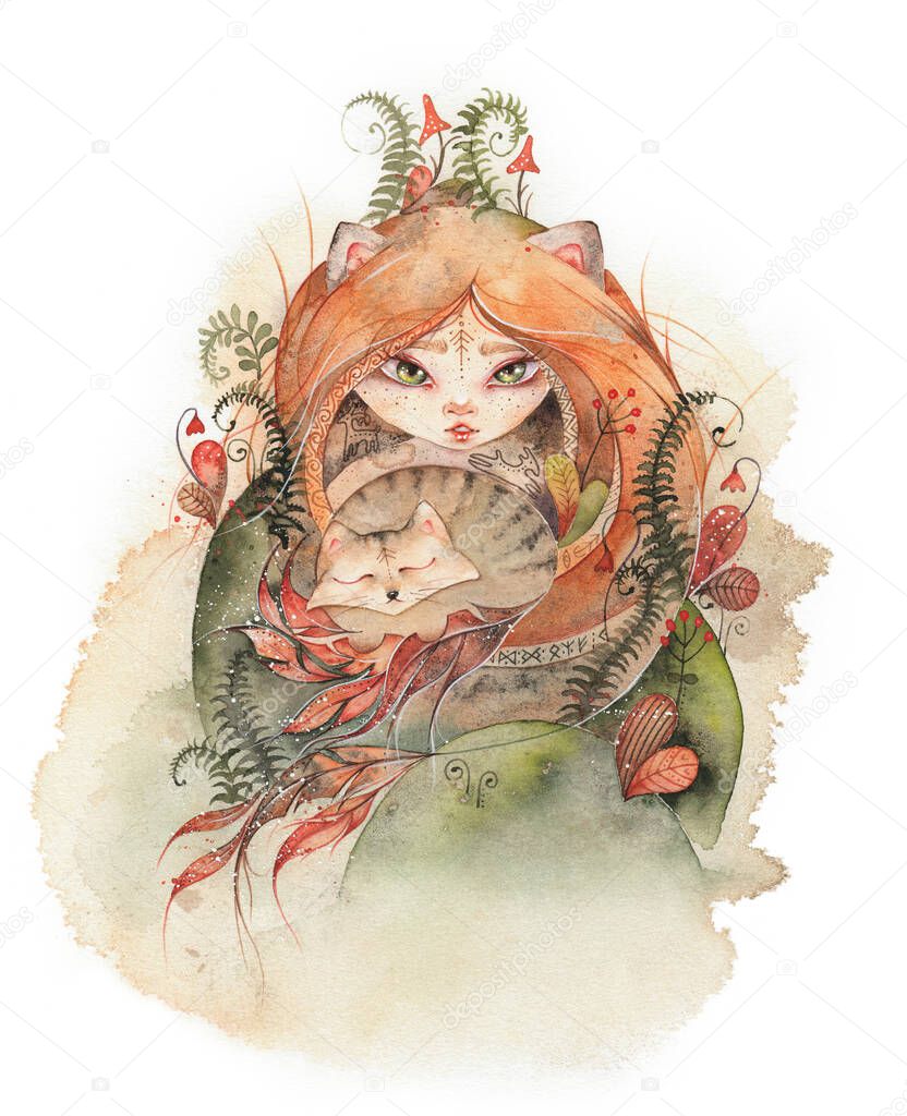 Watercolor illustration with a forest spirit and cat. Fairy tale fantasy art for baby, kids room.
