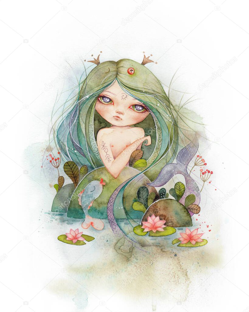 Watercolor illustration with a mermaid. Fairy tale fantasy art for baby, kids room.