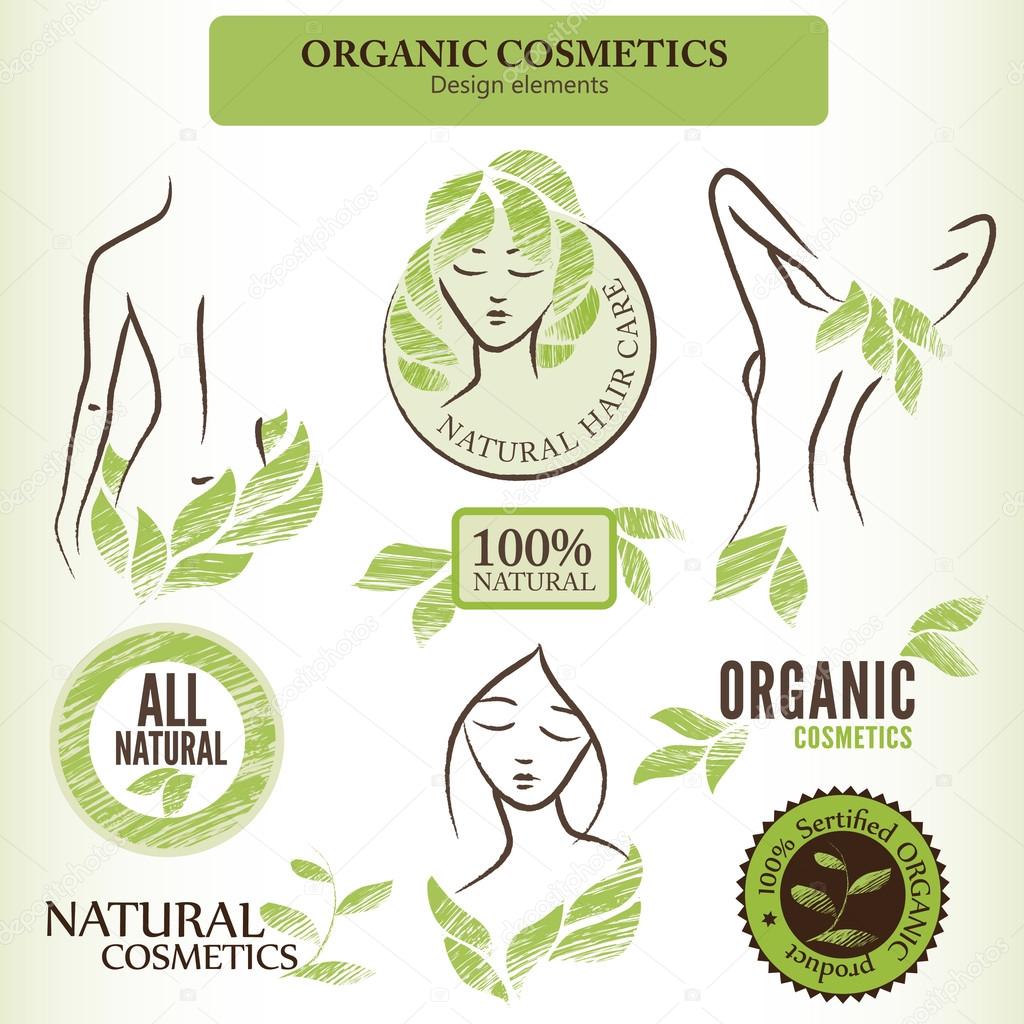 Set of natural (organic) cosmetics labels, badges and stickers. Handdrawn design elements with contoured shapes and green leaves