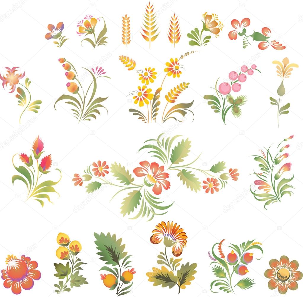 Set of vector flowers in Ukrainian folk style