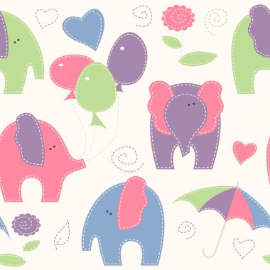 Cute cartoon seamless pattern with elephants, balloons and umbre clipart
