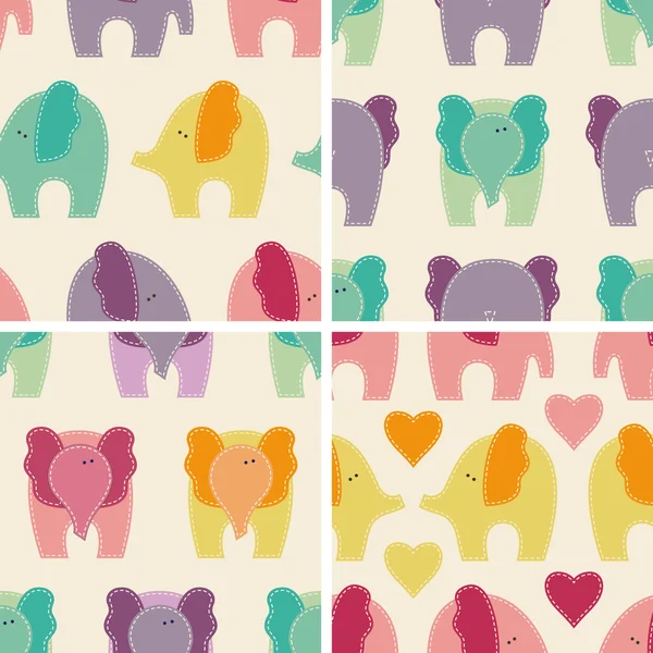 Conjunto de 4 vector patrón sin costura con lindos elefantes coloridos — Vector de stock