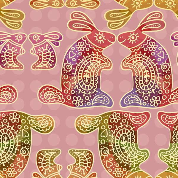 Seamless pattern with colorful rabbits in ethnic style — ストックベクタ