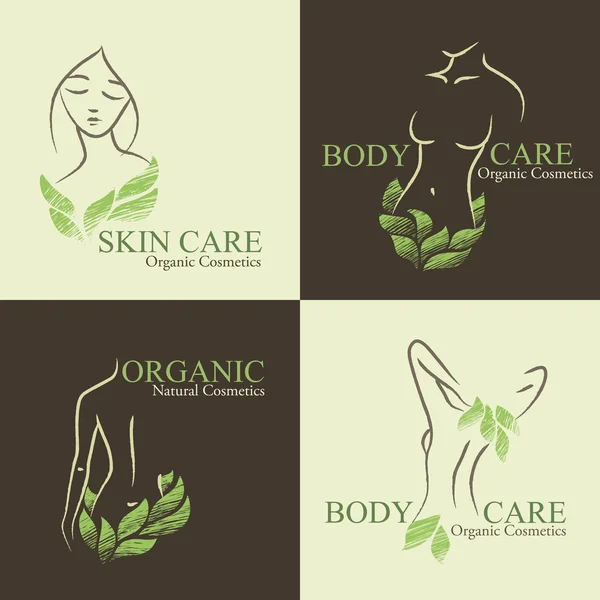 Set of 4 Organic Cosmetics Design elements with contoured women — Stockvector