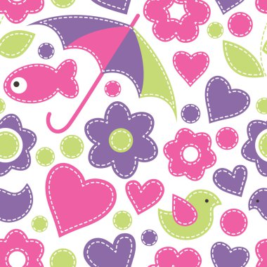 Cute cartoon seamless pattern with fish, umbrellas, birds, flowe