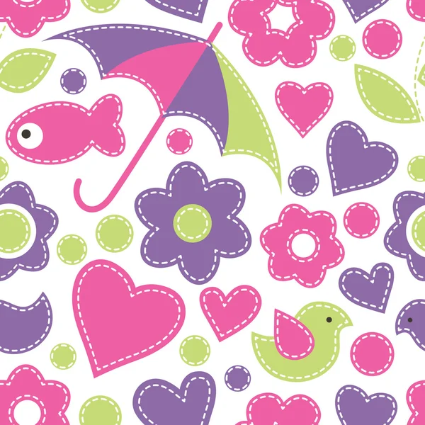 Cute cartoon seamless pattern with fish, umbrellas, birds, flowe — Stock Vector