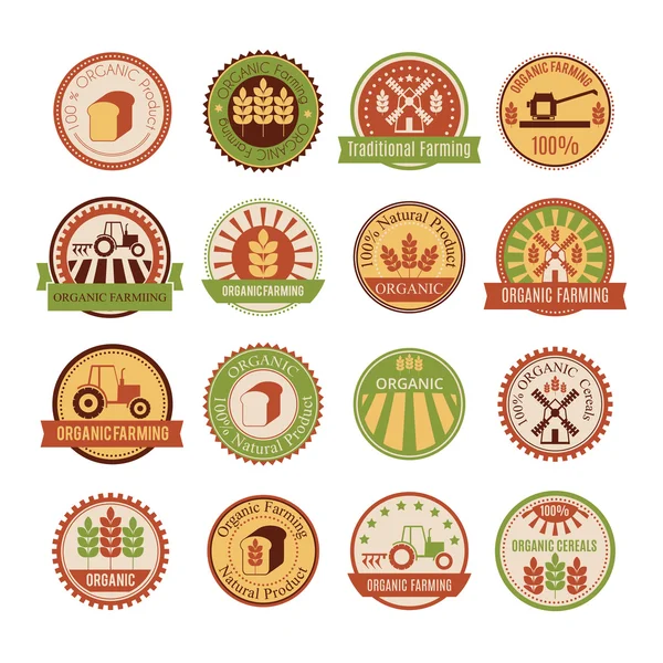 Set of 16 agricultural and farming badges — Stock Vector