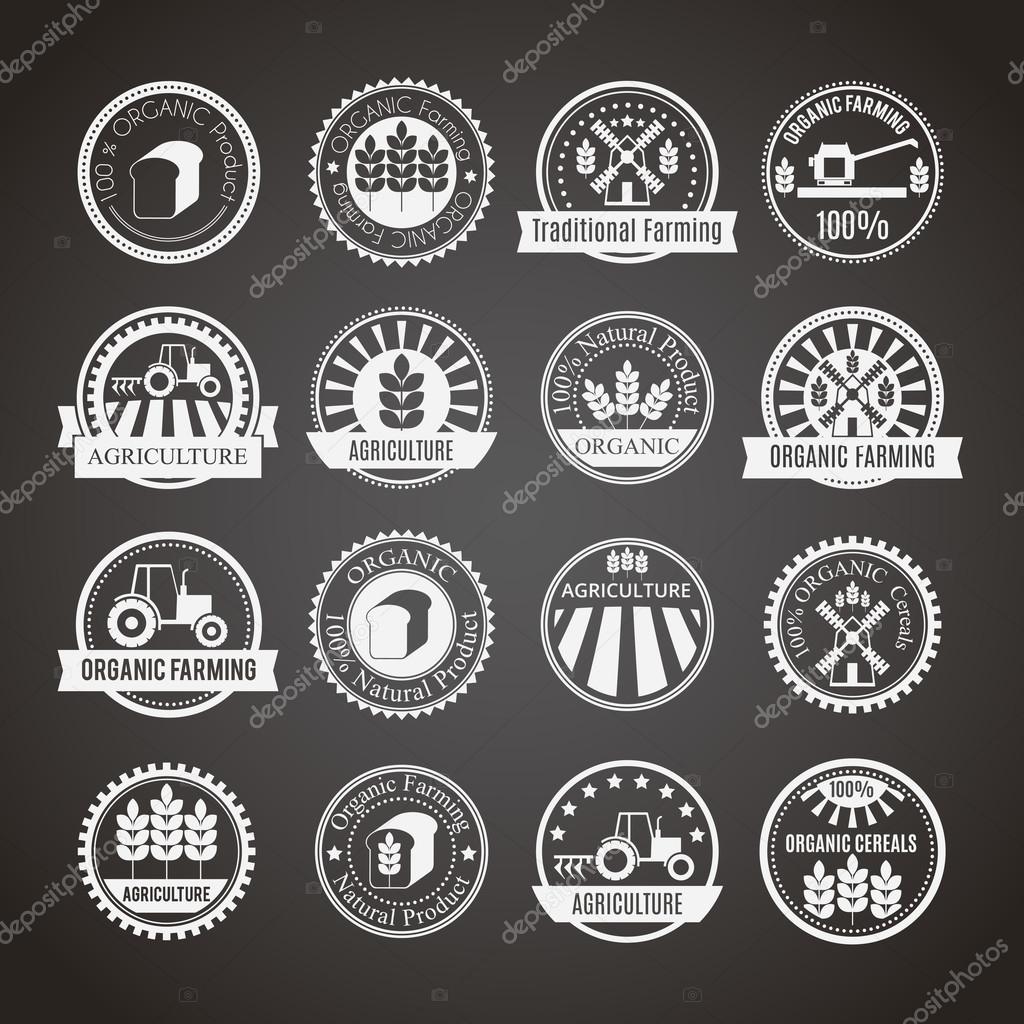 Set of 16 agricultural and farming badges cereal cultivation, organic farming and natural healthy food. Minimalistic design. Monochrome white round badges on a black background