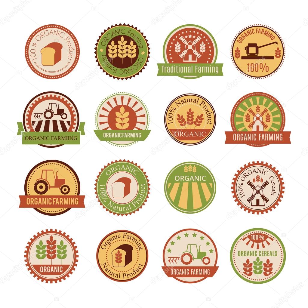 Set of 16 agricultural and farming badges cereal cultivation - organic farming and natural healthy food. Minimalistic design and warm colors green, yellow, brown, tan