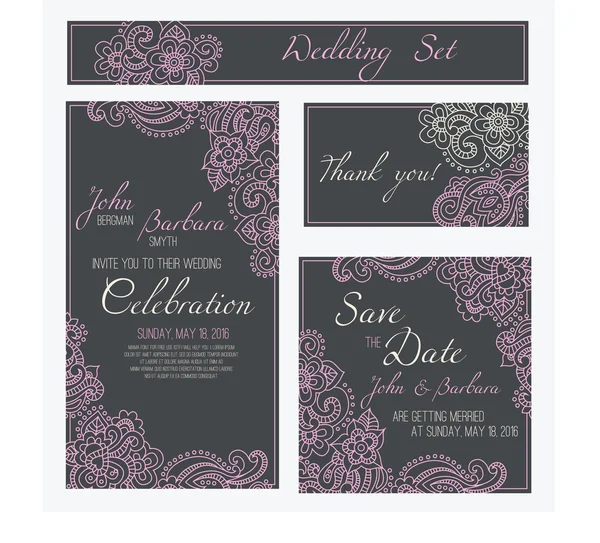 Set of wedding, invitation or anniversary cards with romantic floral ornament. Pink flowers ot the dark grey background — Stock Vector