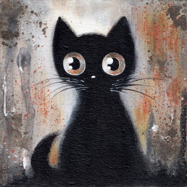 Büyük gözlü kara kedi yağlı boyası. Şirin hayvanın tuhaf sanat eserleri, duvar resimleri. Yüksek kaliteli illüstrasyon