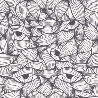 Abstract seamless patterns with spirals, leaves and eyes