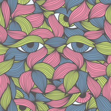 Seamless pattern with stylized leaves and eyes