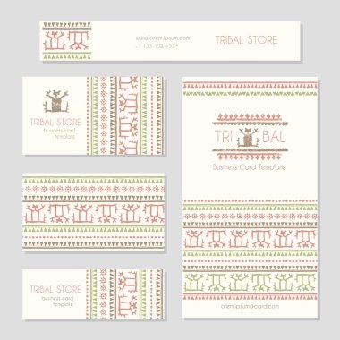 Set of business card templates with a human figure and tribal geometric pattern