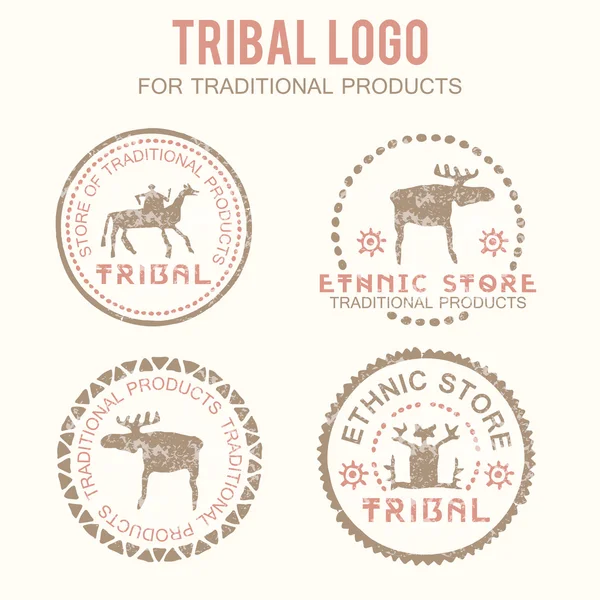 Set of 4 tribal badges for traditional and natural products, ethnic and tribal store — Wektor stockowy