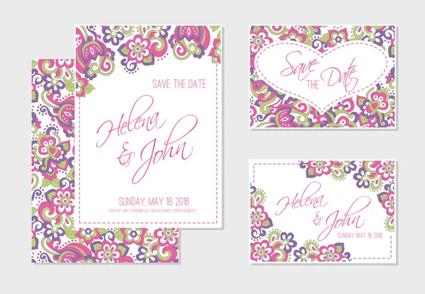 Ensemble de cartes de mariage, d'invitation ou d'anniversaire avec fond floral coloré — Image vectorielle