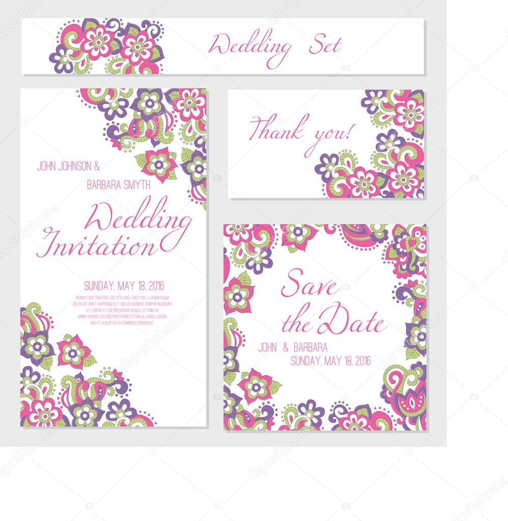Set of wedding, invitation or anniversary cards with colorful floral background