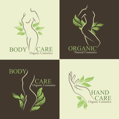 Set of 4 Organic Cosmetics Design elements with contoured women
