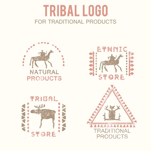 Set von 4 Stammesabzeichen für traditionelle und natürliche Produkte, ethnische und Stammesspeicher — Stockvektor